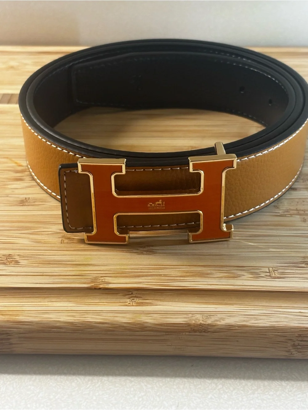 Men’s Tan Leather Belt with Orange 'H' Buckle